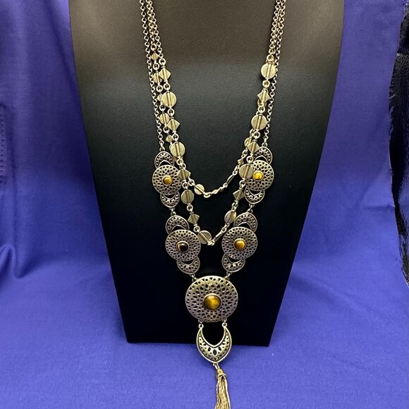 Lucky Brand Long 3-Strand Tiger’s Eye and Brass-Tone Disc Necklace - Picture 2 of 15